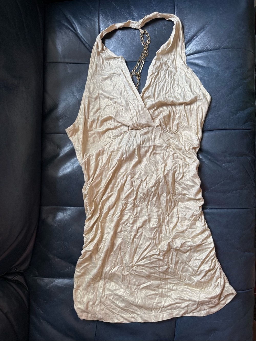 Moda International gold/champagne metallic accent halter mini dress